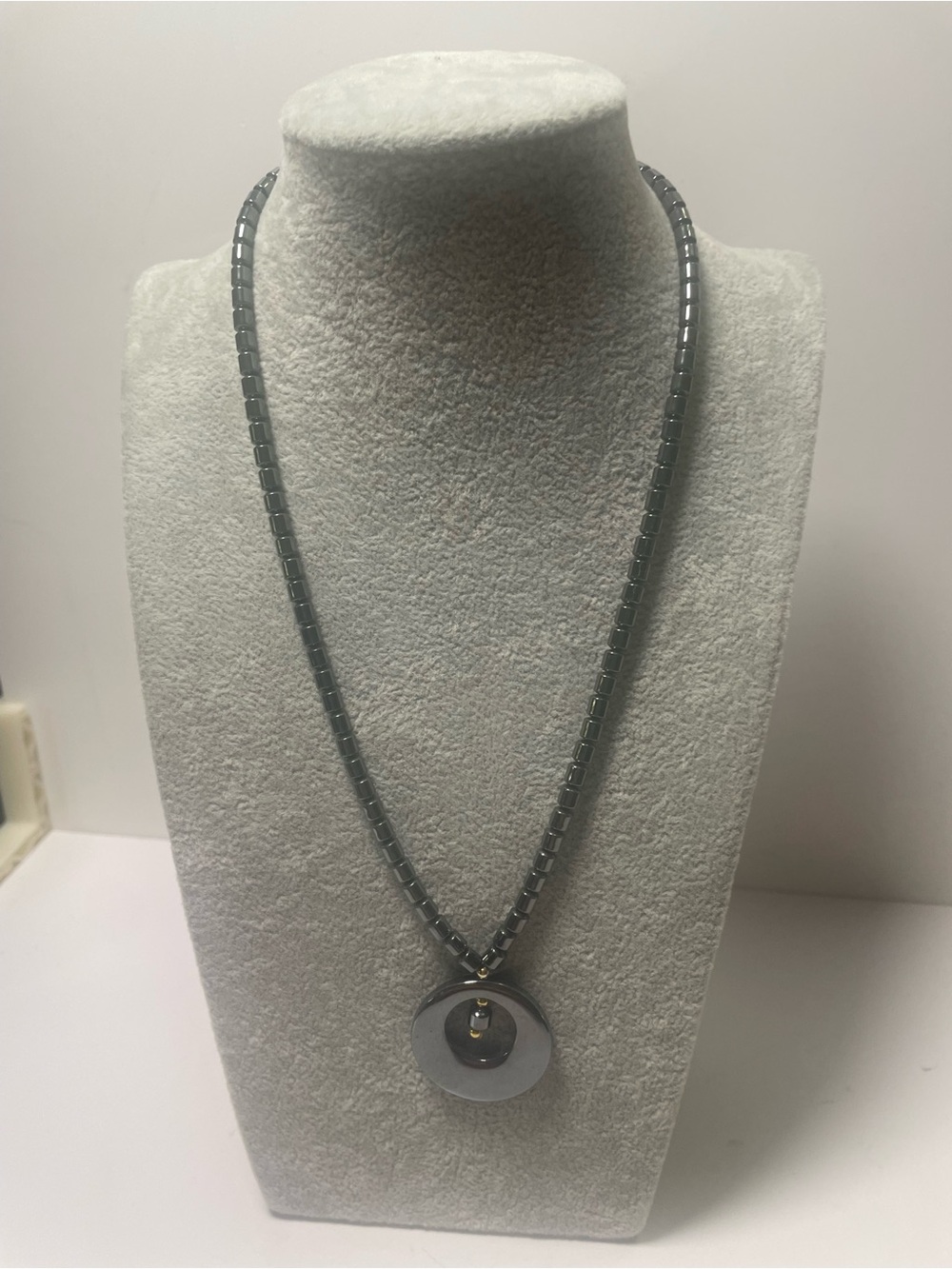 Hematite Bead Necklace with Polished Circular Hematite Pendant